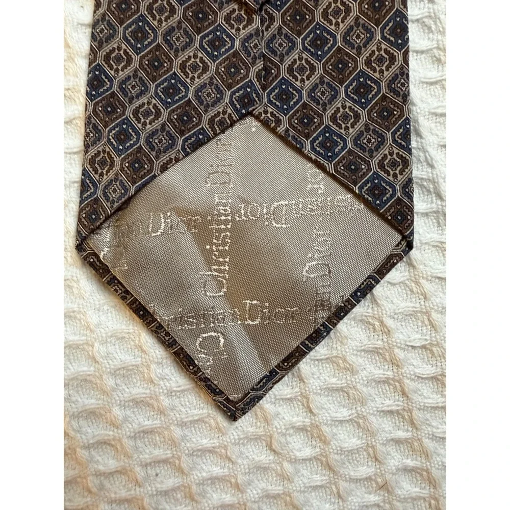 Christian Dior Necktie Mens One Size Brown Blue Geometric Silk Made in USA